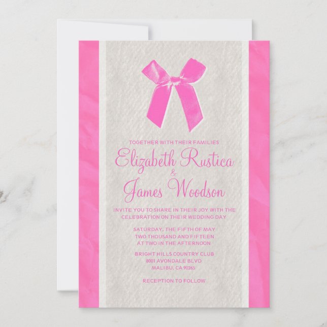 Pink & White Vintage Bow Linen Wedding Invitations (Front)