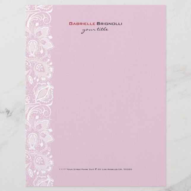 Pink & White Vintage Floral Lace Personalized Letterhead (Front)