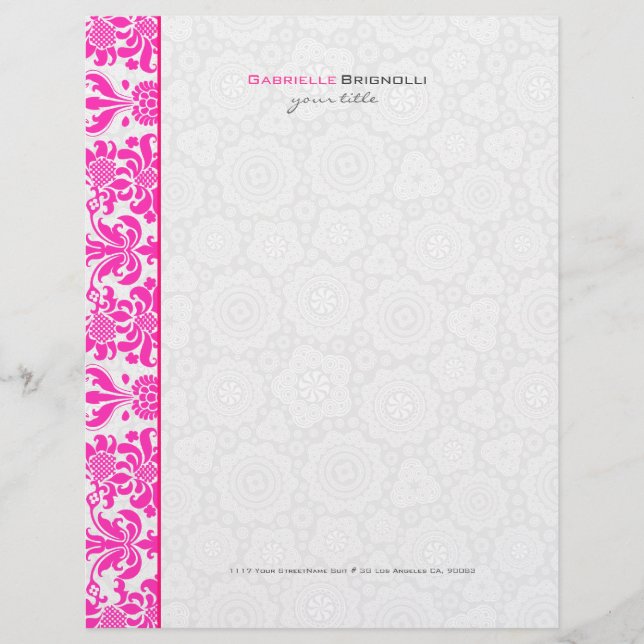 Pink & White Vintage Flowers & Circles Damasks Customized Letterhead (Front)