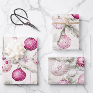 Pink White Vintage Ornaments Christmas Wrapping Paper Sheet