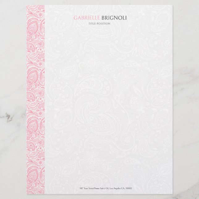 Pink & White Vintage Paisley Pattern Custom Letterhead (Front)