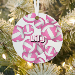 pink white volleyballs w athlete name keepsake metal tree decoration