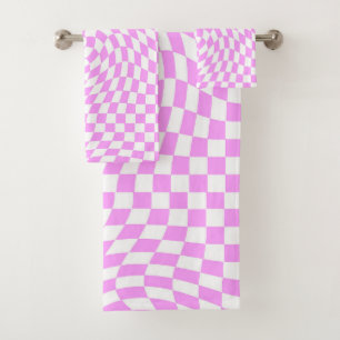 Pink & White Warped Chequered Chequered Pattern   Bath Towel Set