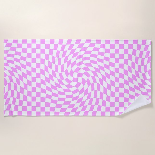 Pink & White Warped Chequered Chequered Pattern   Beach Towel (Front)