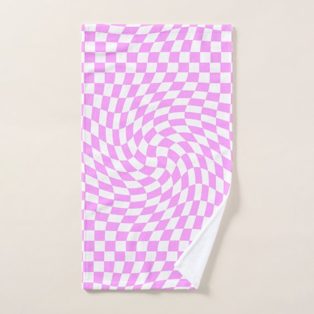 Pink & White Warped Chequered Chequered Pattern   Hand Towel (Hand Towel)