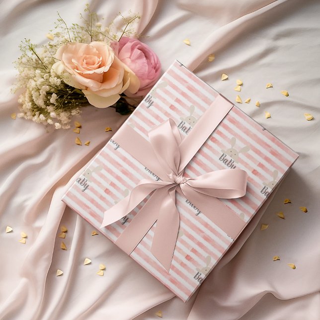Pink White Watercolor Baby Bunny Wrapping Paper (Creator Uploaded)