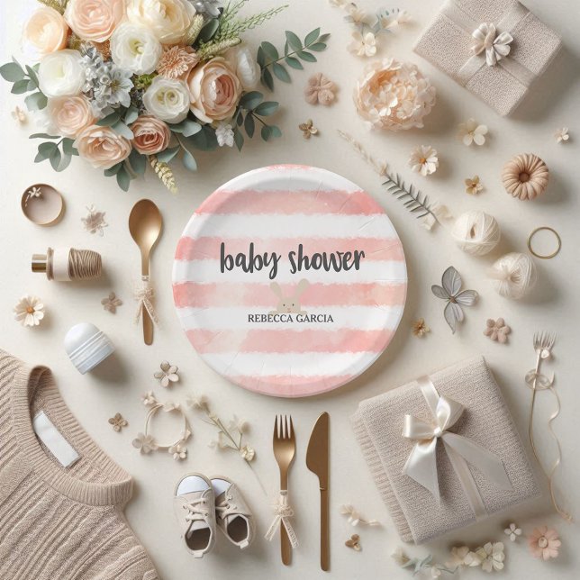 Pink White Watercolor Bunny Baby Shower Paper Plate (Creator Uploaded)