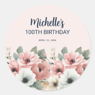 Pink White Watercolor Floral 100th Birthday  Classic Round Sticker