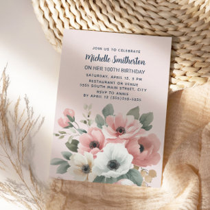 Pink White Watercolor Floral 100th Birthday  Invitation