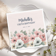  Pink White Watercolor Floral 100th Birthday 