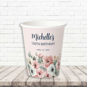 Pink White Watercolor Floral 100th Birthday Paper Cups