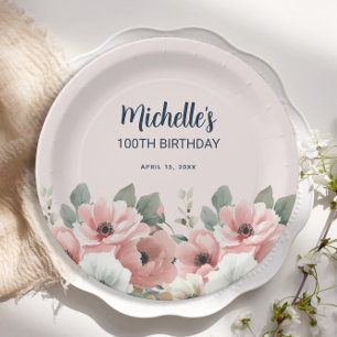  Pink White Watercolor Floral 100th Birthday  Paper Plate