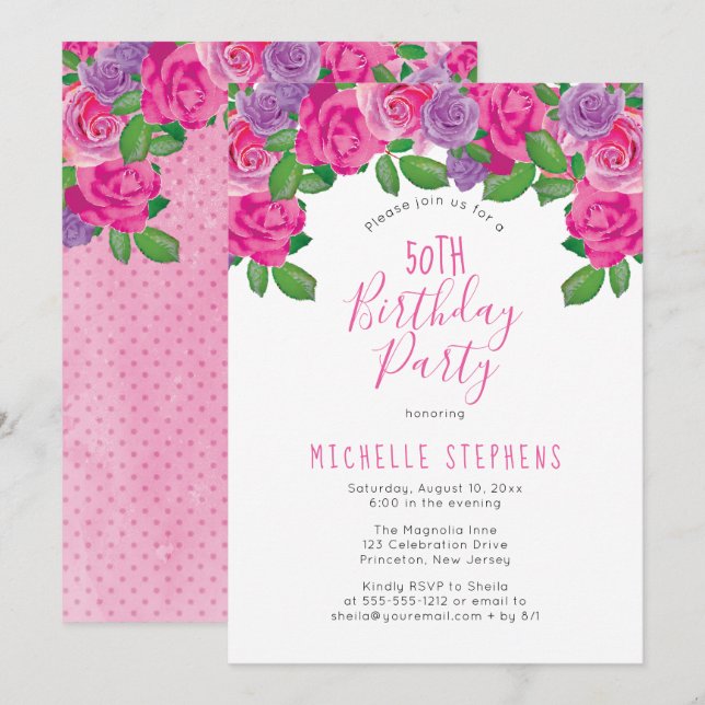 Pink White Watercolor Floral 50th Birthday Party Invitation (Front/Back)