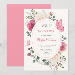 Pink white Watercolor Floral Roses baby shower Invitation
