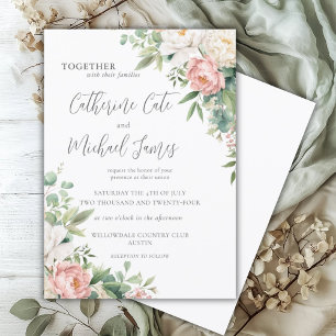 Pink & White Watercolor Floral Wedding Invitation