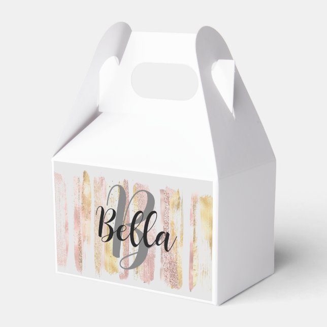 Pink White Watercolor Glitter Foil Paint Strokes Favour Box (Front Side)
