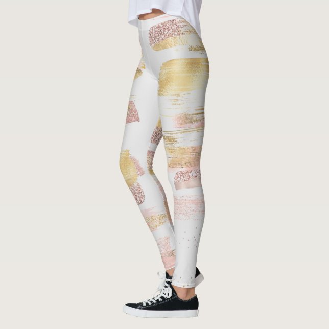 Pink White Watercolor Glitter Foil Paint Strokes Leggings (Left)