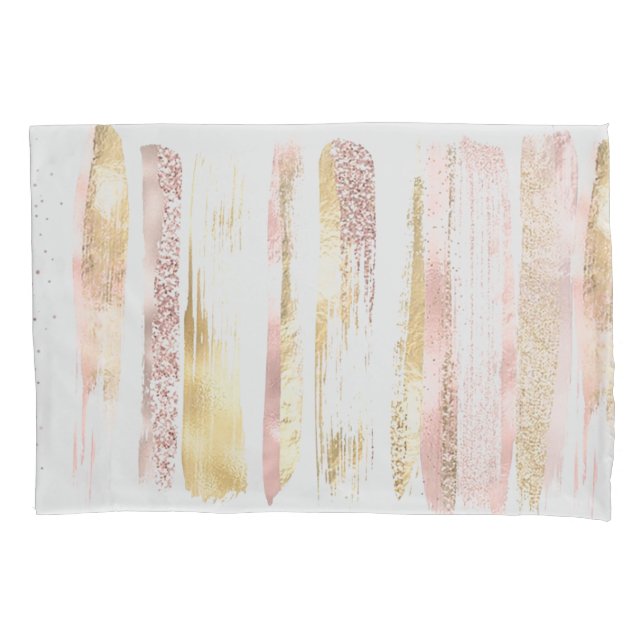 Pink White Watercolor Glitter Foil Paint Strokes Pillowcase (Front)