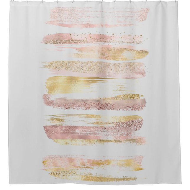 Pink White Watercolor Glitter Foil Paint Strokes Shower Curtain (Front)