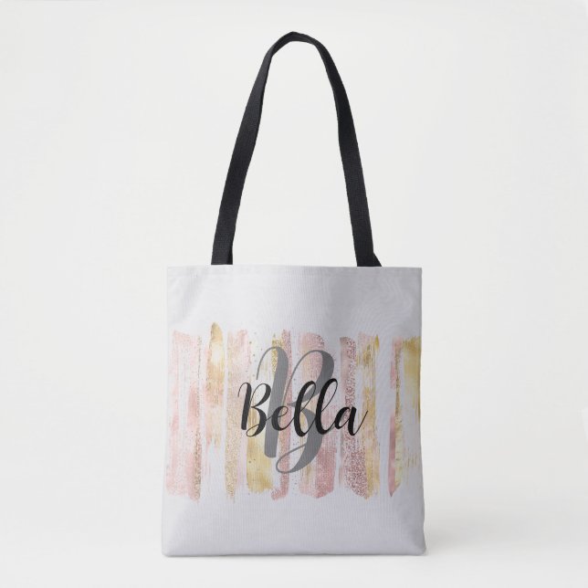 Pink White Watercolor Glitter Foil Paint Strokes Tote Bag (Front)