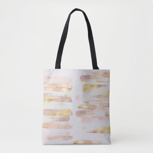 Pink White Watercolor Glitter Foil Paint Strokes Tote Bag (Front)