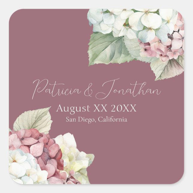 Pink & White Watercolor Hydrangea Flowers on Blush Square Sticker (Front)