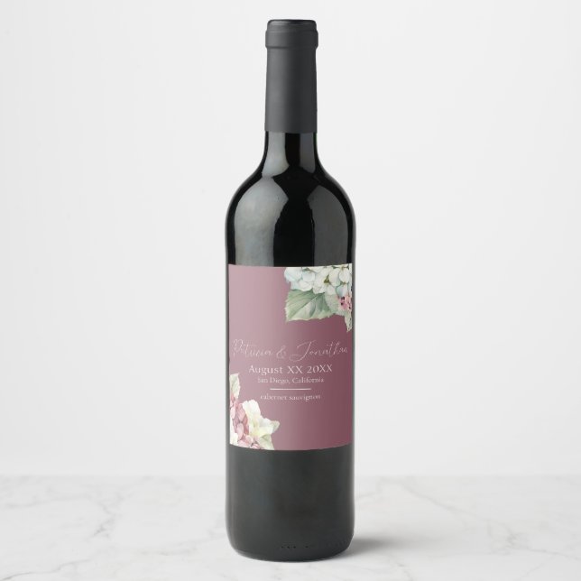 Pink & White Watercolor Hydrangea Flowers on Blush Wine Label (Front)