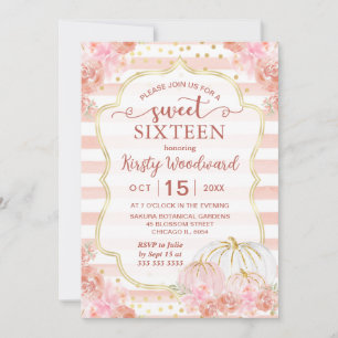 Pink & White Watercolor Pumpkin Fall Sweet 16 Invitation
