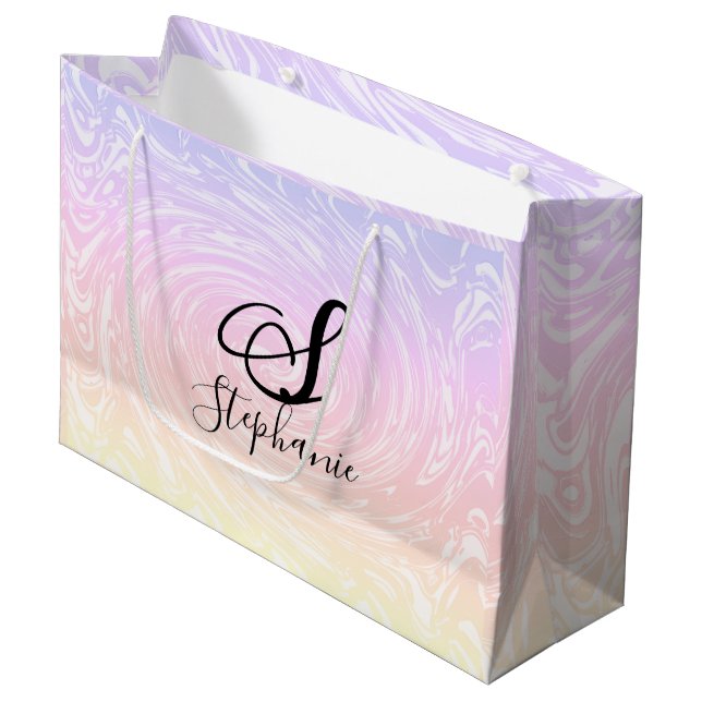 Pink White Wave Abstract Girly Monograms Name Large Gift Bag (Front Angled)