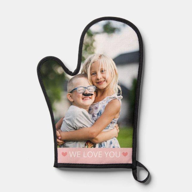 Pink & White We Love You Photo Oven Mitt (Front)