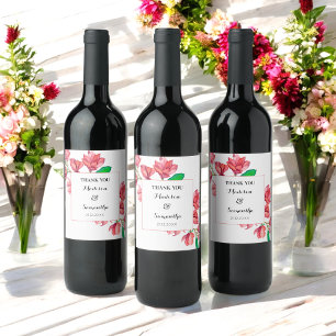 Pink White Wedding Floral Magnolia Watercolor Wine Label