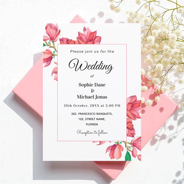 Pink White Wedding Watercolor Magnolia Floral Invitation (Creator Uploaded)