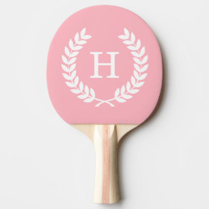 Pink White Wheat Laurel Wreath Initial Monogram Ping Pong Paddle