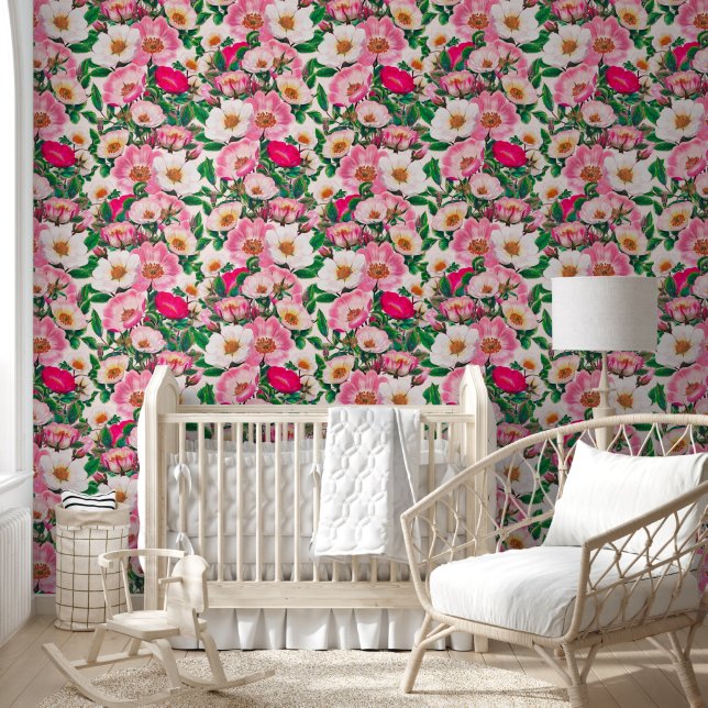 Pink & White Wild Rose Flowers Pattern Wallpaper (Kids)