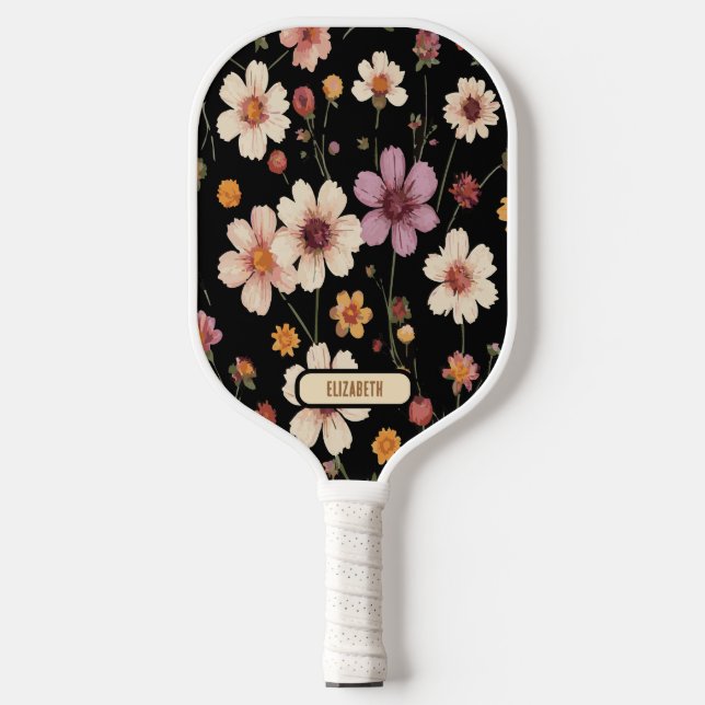 Pink White Yellow Flower Pattern Black Background Pickleball Paddle (Front)