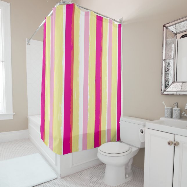 Pink White Yellow Summer Vertical Stripes Shower Curtain (In Situ)