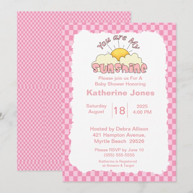 Pink White You Are My Sunshine Baby Shower        Invitation (Front/Back)