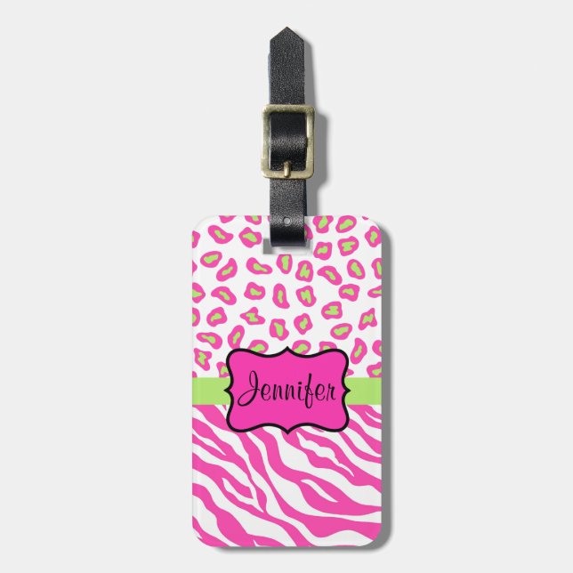 Pink & White Zebra & Cheeta Skin Personalised Luggage Tag (Front Vertical)