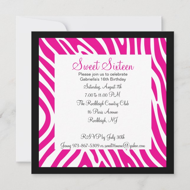 Pink & White Zebra Girls Sixteenth Birthday Invite (Front)