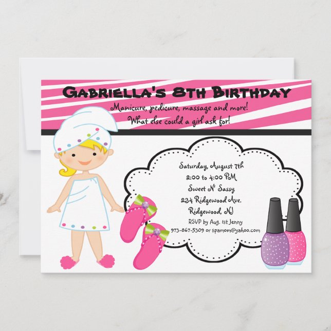 Pink & White Zebra Girls Spa Invite (Front)