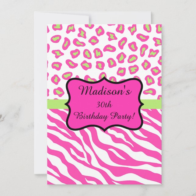 Pink White Zebra Leopard 30th Birthday Party Invitation (Front)