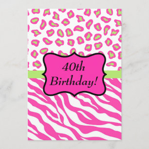 Pink White Zebra Leopard 40th Birthday Party Invitation