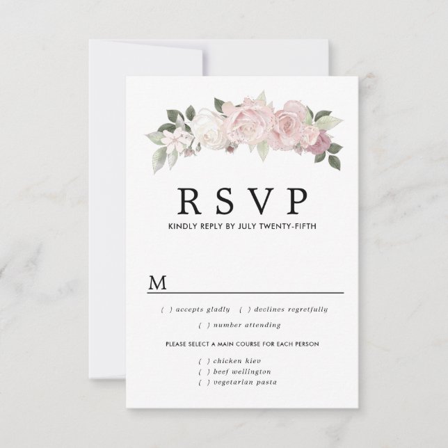 Pink WhiteFloral Wedding RSVP Card, Meal Options (Front)