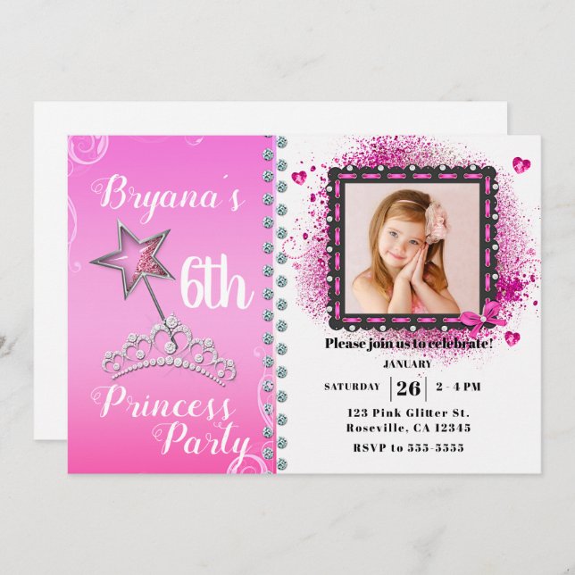 Pink & WhitePrincess Birthday Party Photo Invitation (Front/Back)
