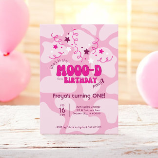 Pink Who's in the MOOO-D Cow Print 1st Birthday Invitation