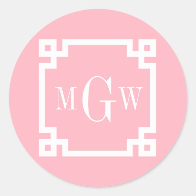 Pink Wht Greek Key #2 Framed 3 Init Monogram Classic Round Sticker (Front)