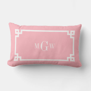 Pink Wht Greek Key #2 Framed 3 Init Monogram Lumbar Cushion