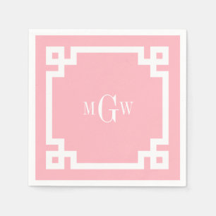 Pink Wht Greek Key #2 Framed 3 Init Monogram Napkin