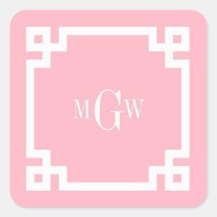 Pink Wht Greek Key #2 Framed 3 Init Monogram Square Sticker