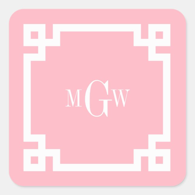 Pink Wht Greek Key #2 Framed 3 Init Monogram Square Sticker (Front)